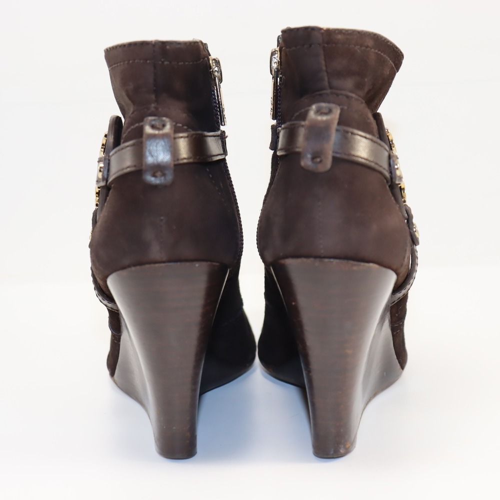 Tory Burch Suede Wedge Ankle Boots Women 8.5 Brown Excellent Logo Medallion 4208 - Picture 4 of 7